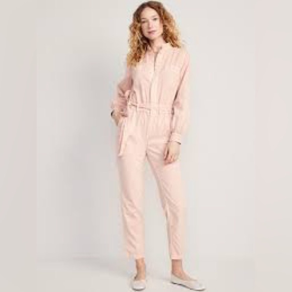 NWT Women's Old Navy belted Jumpsuit One Piece pink bamboo Button Front size L